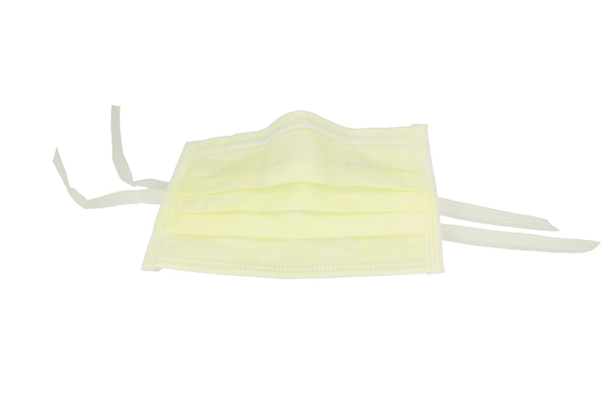 3-lagiger gelber Mund- und Nasenschutz mit drei Bändern.