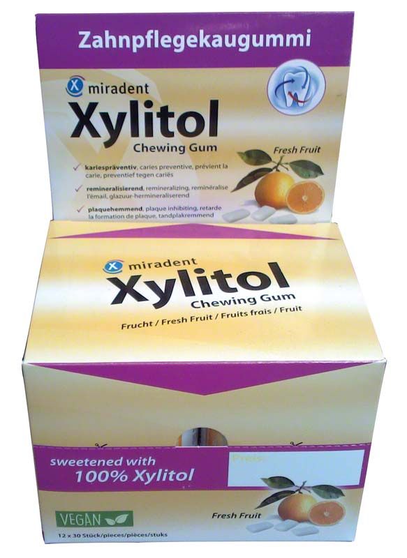 Zuckerfreier Xylitol-Kaugummi in Fruchtgeschmack-Verpackung für Zahnpflege.