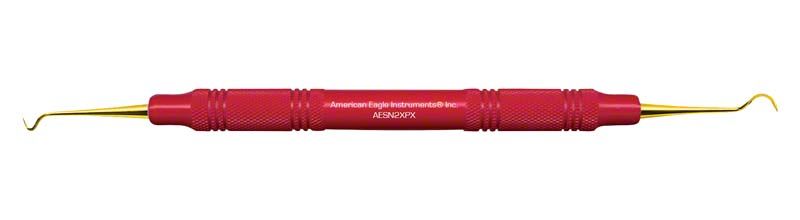 Roter American Eagle XP Scaler N2 mit goldfarbener Spitze für Zahnreinigung.