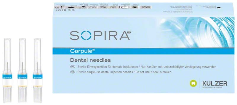 Sterile SOPIRA® Carpule® Kanülen 30G in blauer Verpackung für Dentalanästhesie.
