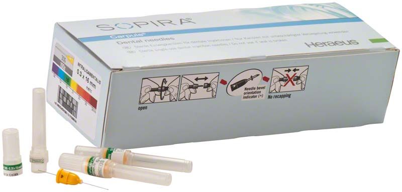 SOPIRA® Carpule® Kanülen 30G mit kurzer Anschliff, Verpackung und Nadeln.