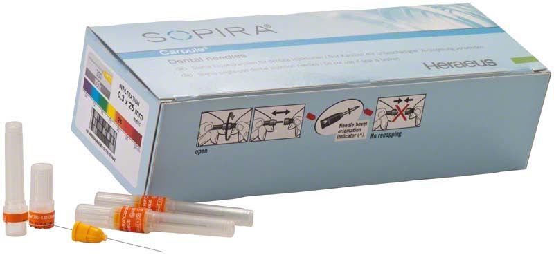 SOPIRA® Carpule® Kanülen Standard 30G, orange, mit Verpackung.