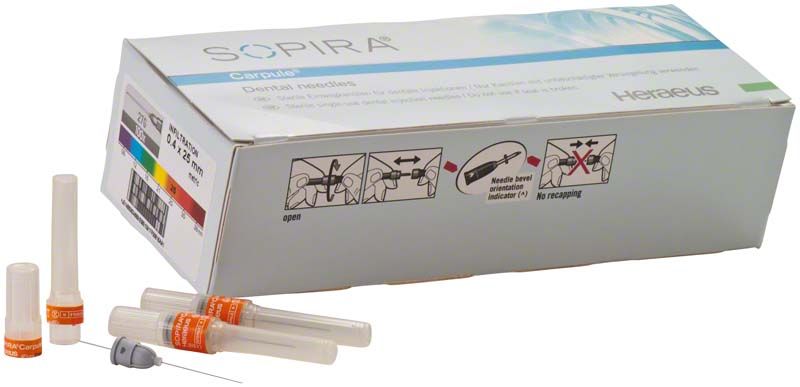 SOPIRA® Carpule® Kanülen 27G - 0,4 x 25 mm, Verpackung und Nadeln.