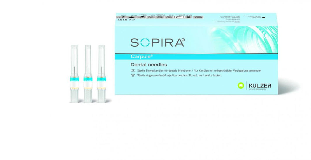 SOPIRA® Carpule® Kanülen 27G, Einwegkanülen in hellblauer Verpackung.