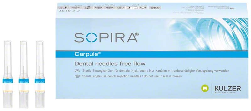 SOPIRA® Carpule® Kanülen Free Flow 30G, sterile Einwegkanülen in blauer Verpackung.