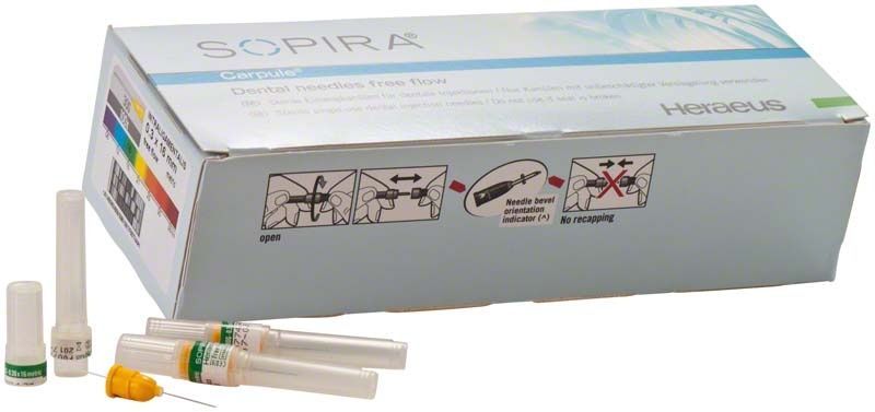 SOPIRA® Carpule® Free Flow Kanülen Verpackung mit Nadeln und Anweisungen.