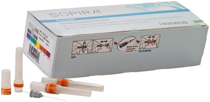 SOPIRA® Carpule® Kanülen Free Flow 27G in Verpackung mit Anwendungsillustrationen.