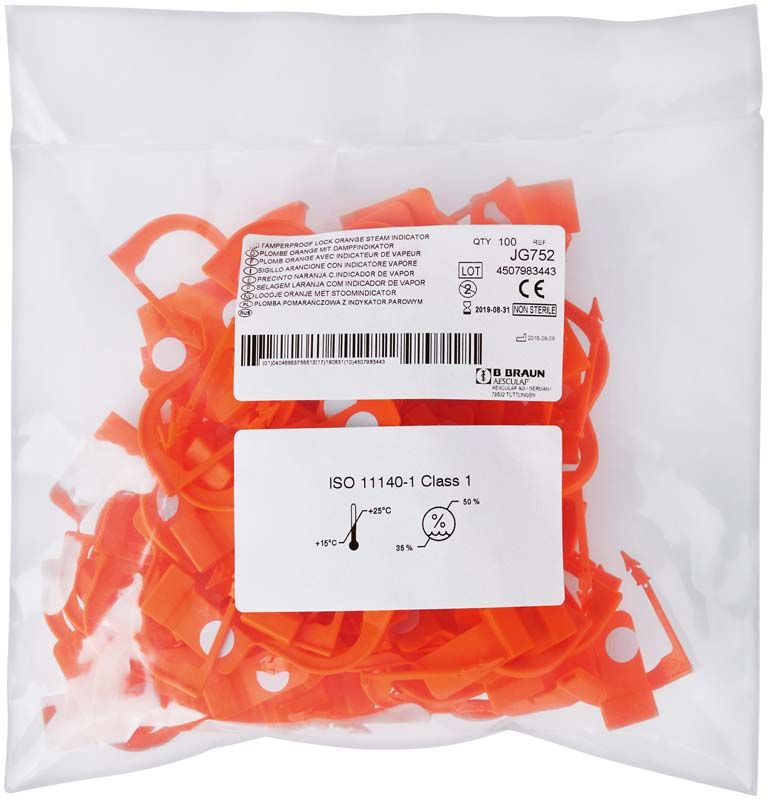 Plombe mit Dampfindikator JG752 in transparenter Verpackung mit Etikett.