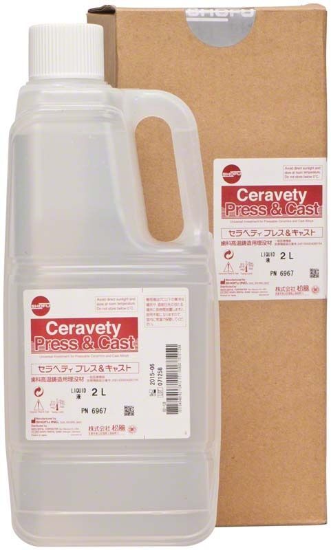 Ceravety Press & Cast Liquid 2 Liter Flasche vor brauner Verpackung.