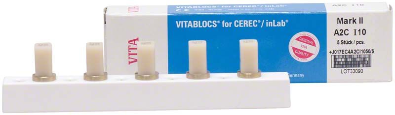VITABLOCS® Mark II A2C I10 Zahnblöcke vor Verpackung auf weißem Hintergrund.