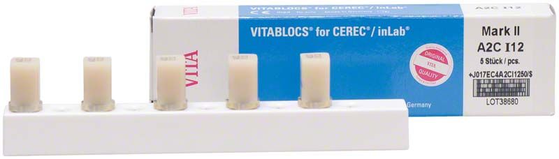 VITABLOCS® Mark II A2C I12 Keramikblöcke vor Verpackung aufgestellt.