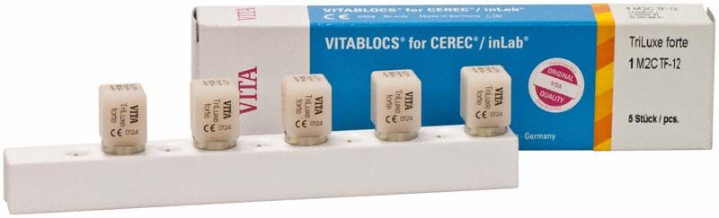 VITABLOCS® TriLuxe forte Blöcke für CEREC®/inLab mit Verpackung