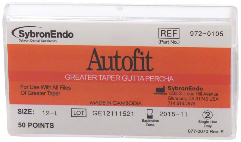 Autofit Guttaperchaspitzen Verpackung mit 50 Spitzen, SybronEndo Marke.