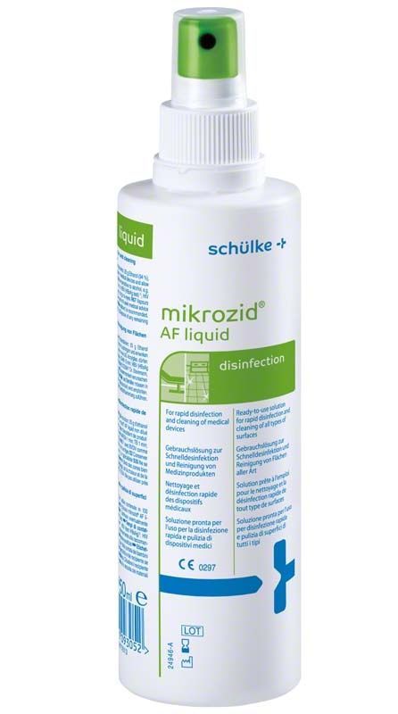 Mikrozid® AF liquid 250ml Desinfektionslösung mit Sprühkopf auf weißem Hintergrund.