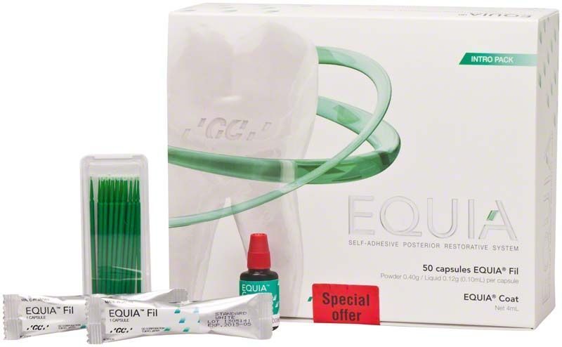Equia Intro Pack Standard White mit Kapseln, Fläschchen und Applikatorstäbchen.