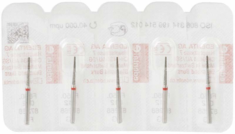 Diamantschleifer FG 850F 012 in Blisterverpackung mit fünf rot markierten Schleifern.