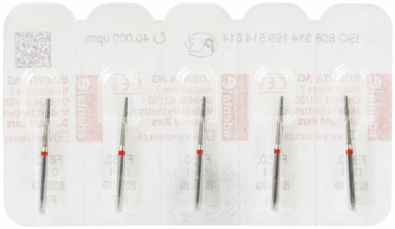 Verpackung mit vier Diamantschleifern FG 850F 014 für zahnärztliche Anwendungen.