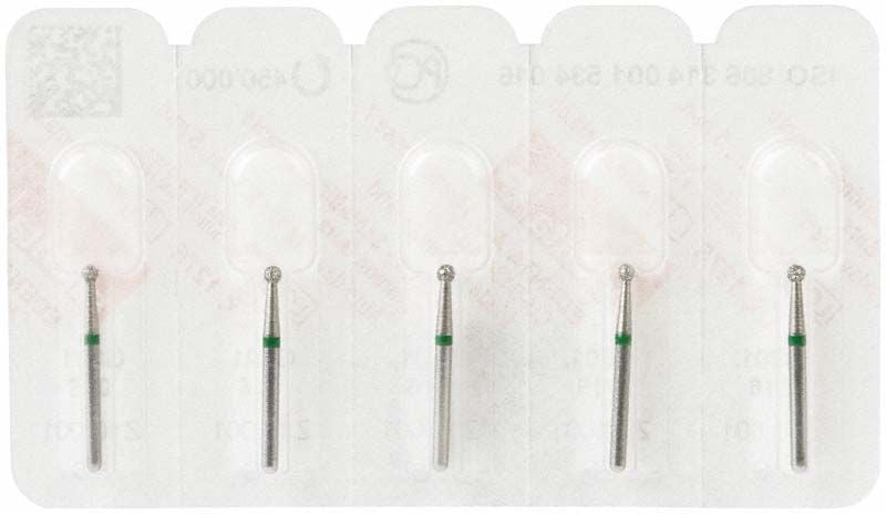 Diamantschleifer FG 801G 016 mit grünem Ring in Blisterverpackung.