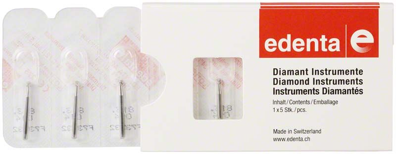 Verpackung von Diamant FG 813 014 Instrumenten, 5 Stück, edenta Marke.