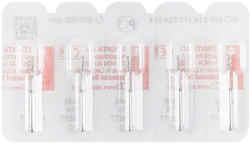 Blisterverpackung mit vier Diamantfräsen FG 848G 014 für zahnmedizinische Anwendungen.