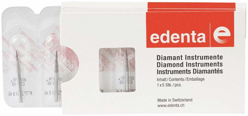Verpackung der Diamant FG 859 018 Bohrer mit sichtbaren Bohrern.