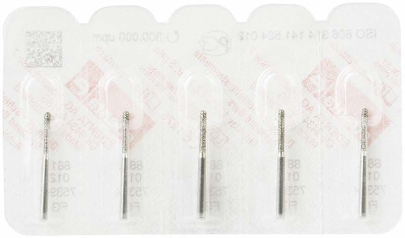 Verpackung mit vier Diamantschleifern FG 881 012 für Zahnarztarbeiten.