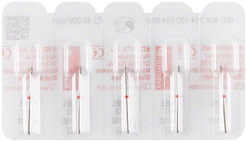 Verpackung mit fünf Diamant FG 885F 012 Zahnbohrern in Blisterpackung.