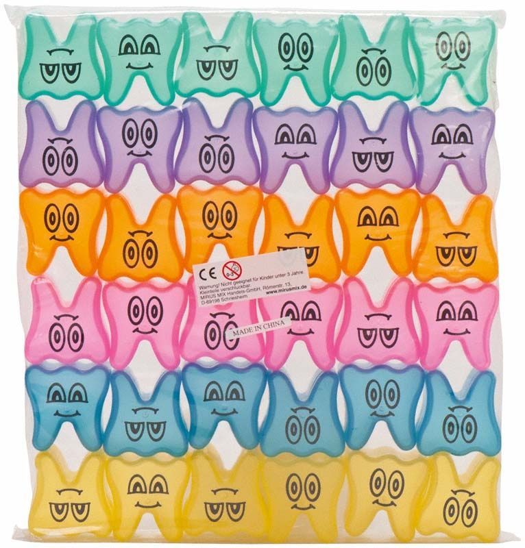 36 farbenfrohe Zahnbehälter Happy Smile mit verschiedenen Gesichtsausdrücken.