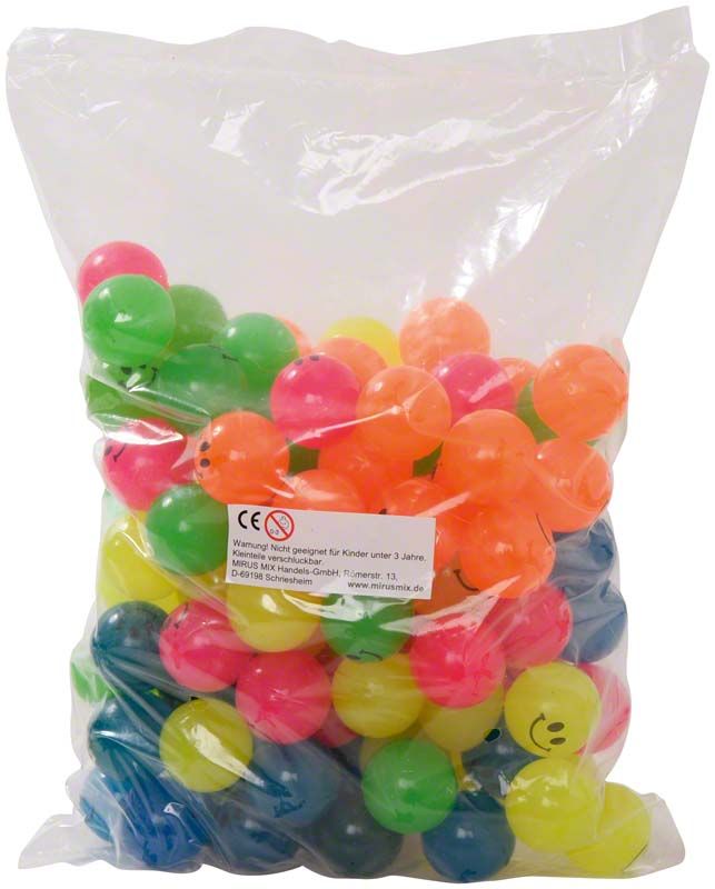 Bunte Mini-Flummis im Beutel, ideal für Kindergeburtstage und Zahnarztpraxen.