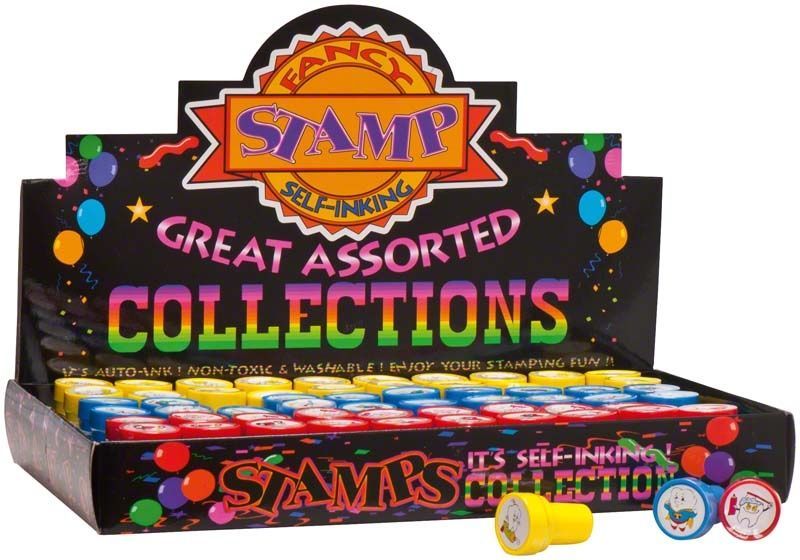 Zahn-Stempel-Set mit bunten Griffen in dekorativer Verpackung.