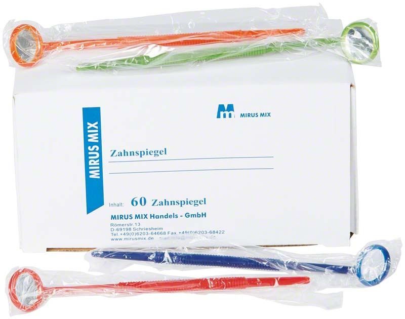 Verpackung mit bunten Zahnspiegeln und der Aufschrift "Mirus Mix Zahnspiegel".