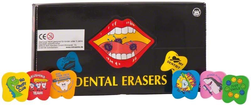 Coole Zähne Radiergummis in verschiedenen lustigen Zahnpflege-Designs vor schwarzer Verpackung.