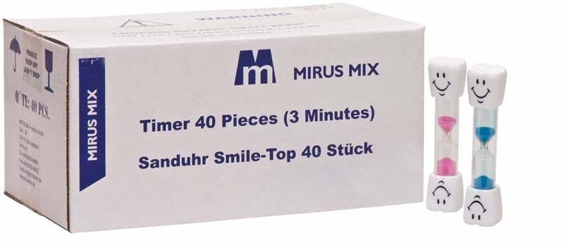 Packung mit 40 Sanduhren Smile Top und zwei Sanduhren mit Smiley-Gesicht.