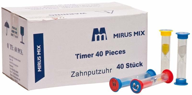 Zahnputzuhr-Set mit bunten Sanduhren und Verpackung Mirus Mix, 40 Stück.