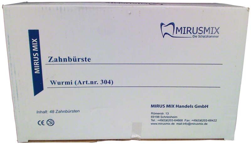 Kinderzahnbürsten Wurmi Verpackung mit Mirus Mix Logo und Kontaktdaten.
