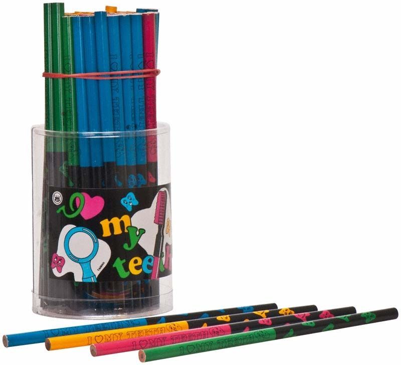 Zahnbleistifte in vier Farben mit "I love my teeth"-Aufdruck.