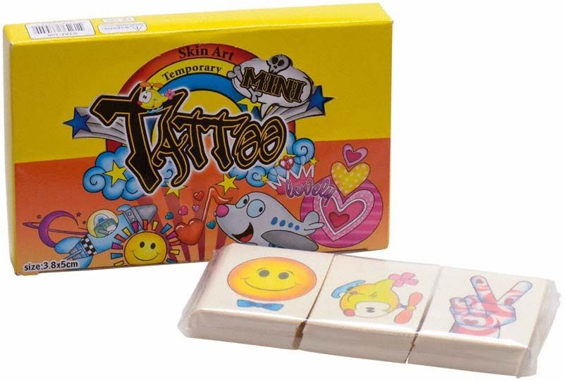 Temporäre Tattoos für Kinder in bunter Verpackung mit fröhlichen Motiven.