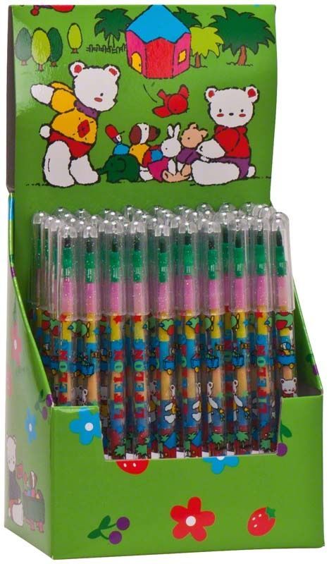 Steck-Buntstifte von Mirus Mix in bunter Verpackung mit Tiermotiven.