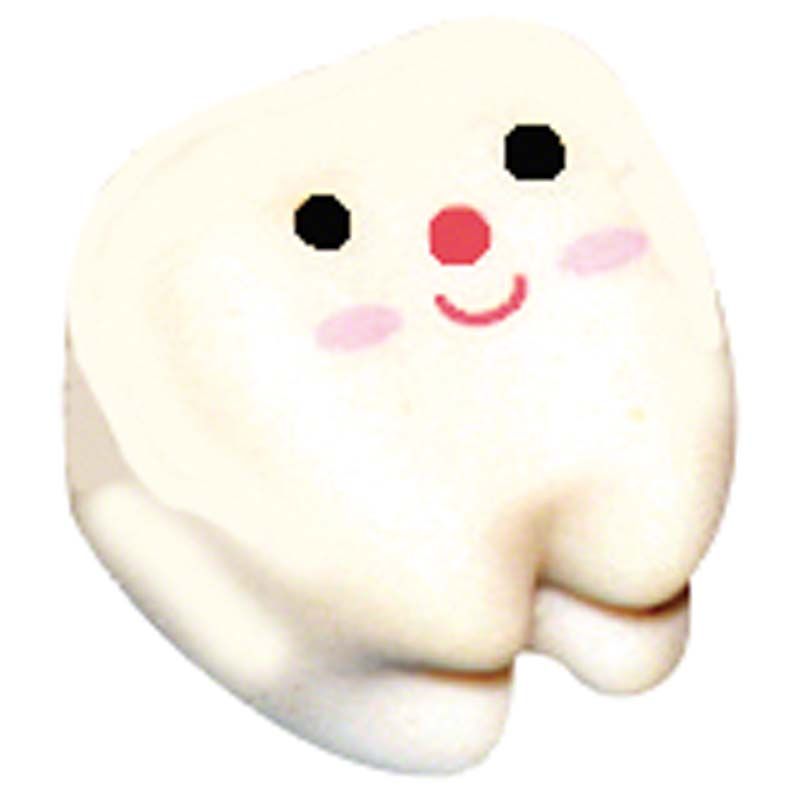 Niedlicher Zahnradierer in Form eines Milchzahns mit Gesicht.