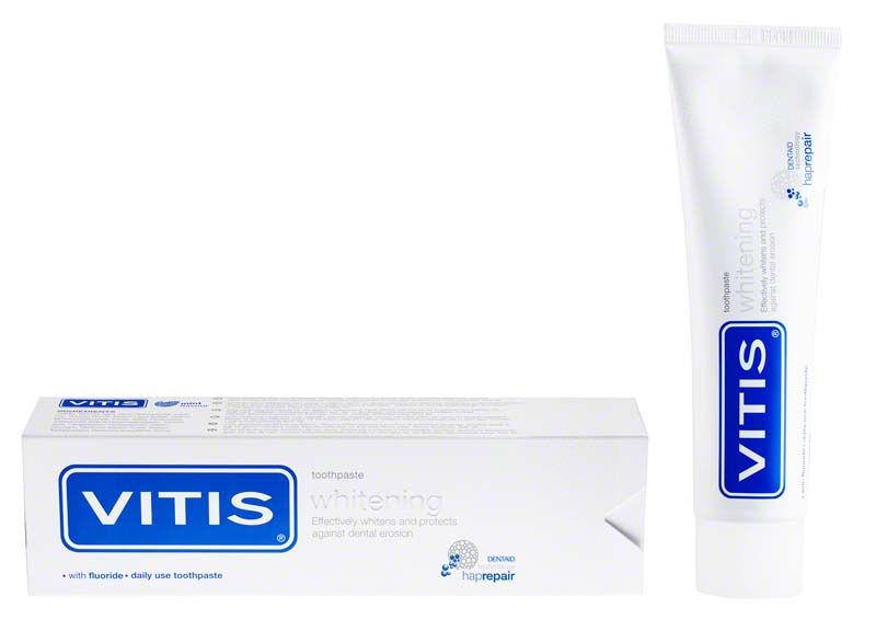 VITIS® whitening Zahnpasta 100ml neben der Verpackung.