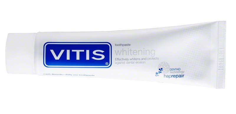 VITIS® whitening Zahnpasta 100ml Tube mit DENTAID Haprepair Hinweis.