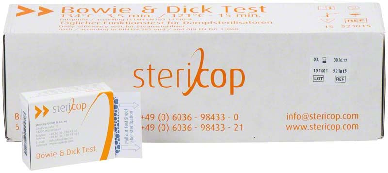 Stericop Bowie & Dick Test Verpackung für Dampfsterilisationsprüfung in medizinischen Einrichtungen.