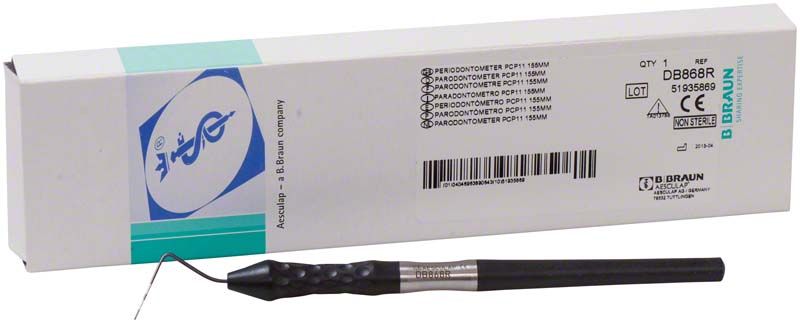 Parodontometer Ergoprobe Figur PCP 11 vor Verpackung auf weißem Hintergrund.