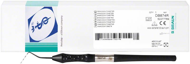 Parodontometer Ergoprobe DB874R mit ergonomischem Griff und Verpackung.