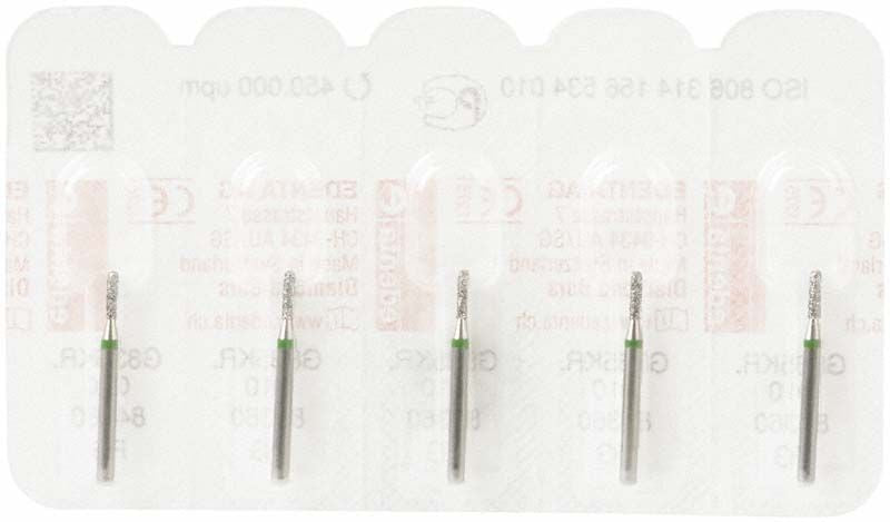 Verpackung mit fünf Diamantschleifern FG 835KRG 010 für Zahnpräparation.