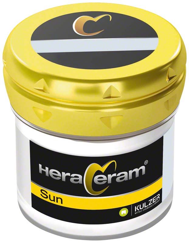 HeraCeram®Sun Mask MA shadow in gelbem Behälter mit schwarzem Etikett.
