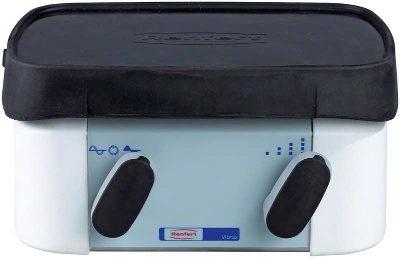 Vibrax-Dentalgerät mit schwarzem Deckel, sichtbarem Logo und zwei Bedienknöpfen.