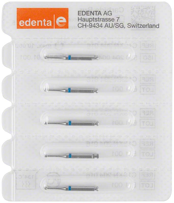 Verpackung mit fünf Rosenbohrern C1SXN Rund 016 von Edenta.