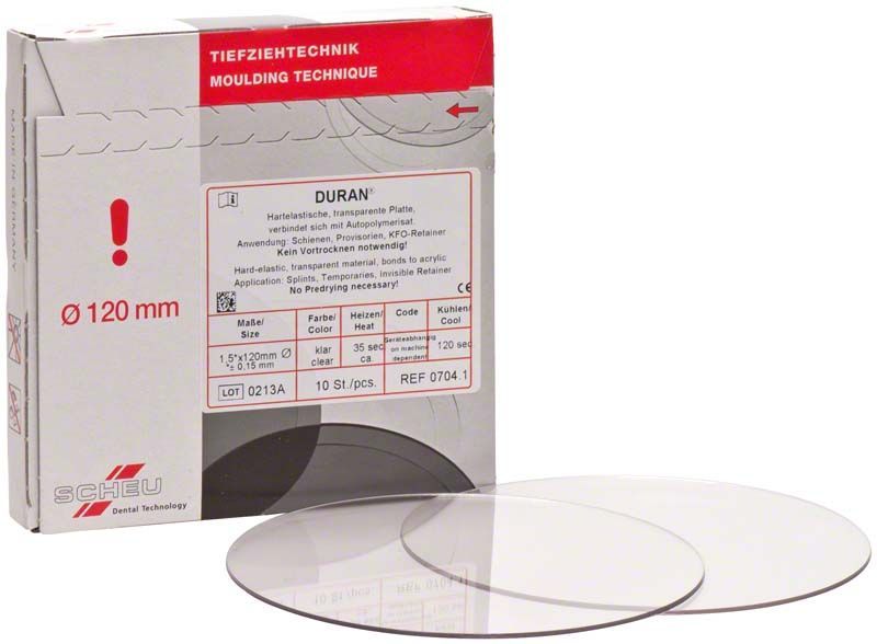 Hartelastische transparente Duran Tiefziehfolie für dentalen Einsatz, Verpackung sichtbar.