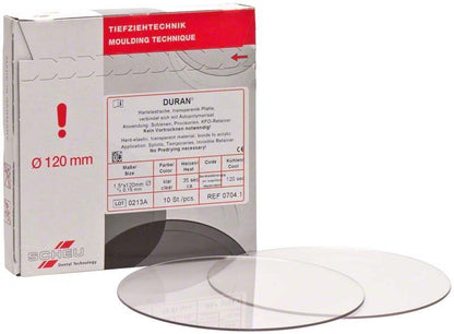 Hartelastische transparente Duran Tiefziehfolie für dentalen Einsatz, Verpackung sichtbar.